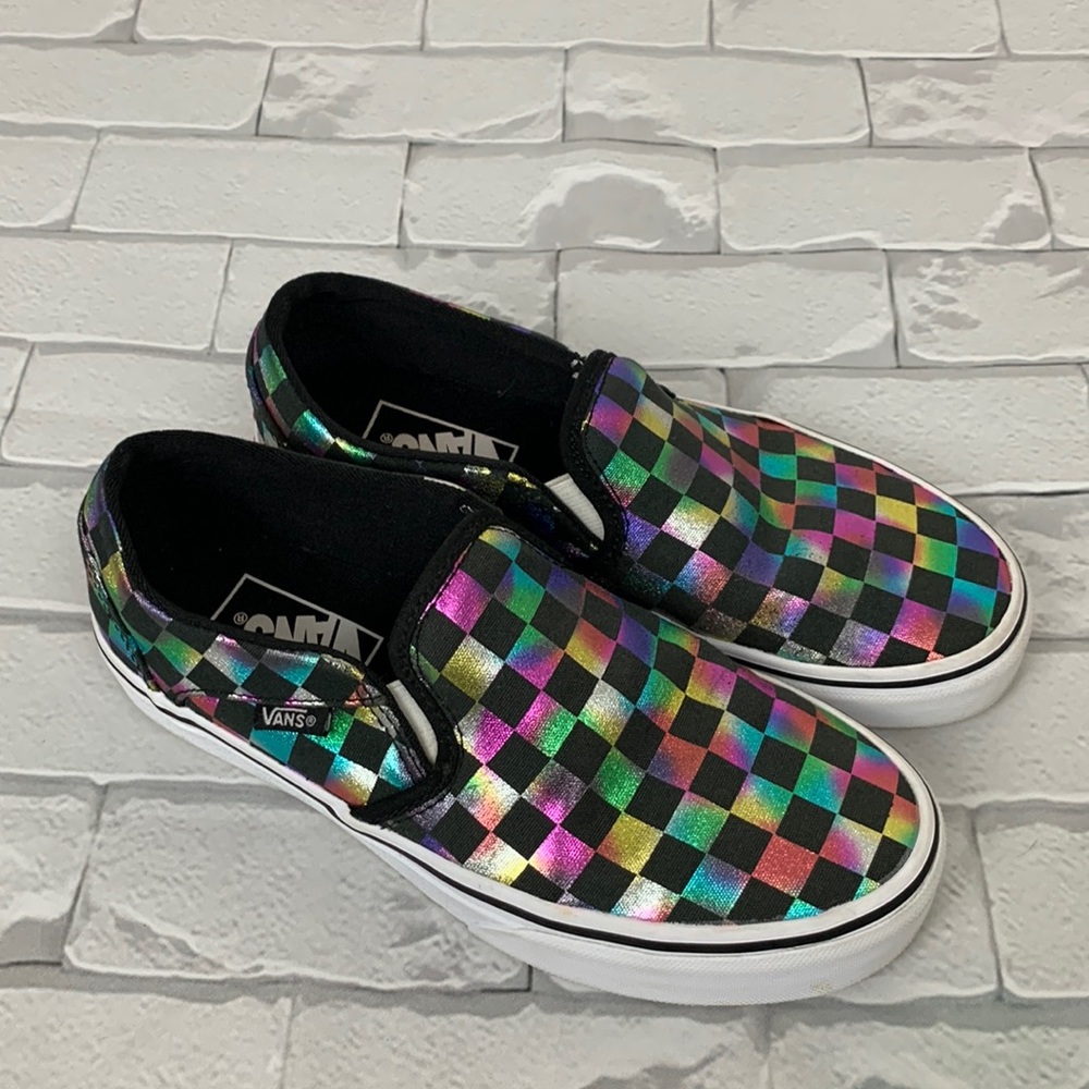 Vans slip on sneakers. Multicolored metallic check. Size 6.